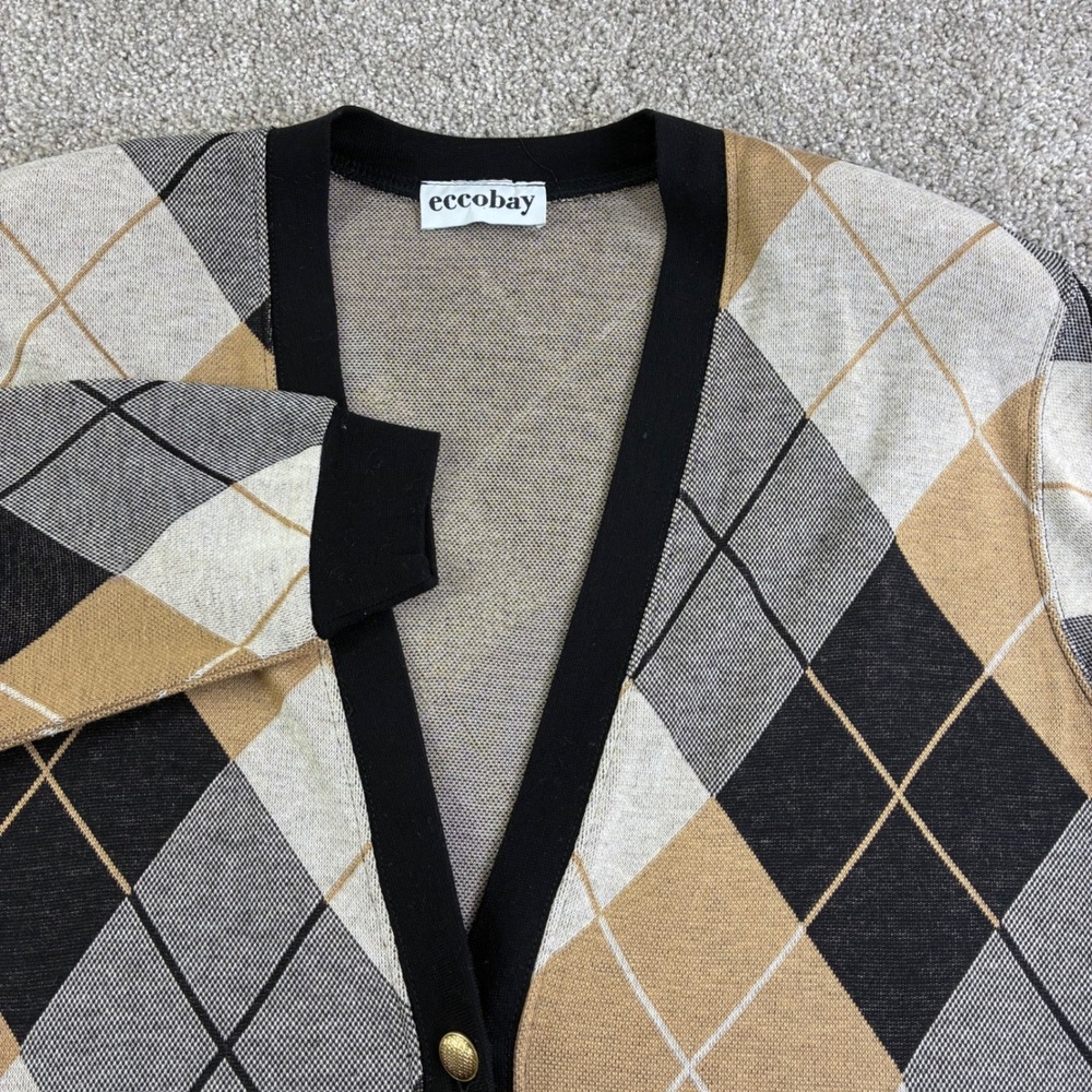 ECCoBAY Womens Argyle Cardigan Sweater Gold‎ Buttons Black Tan Grey L Vintage